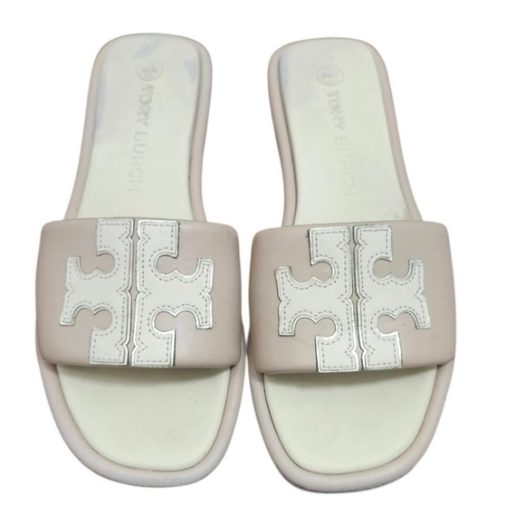 Tory Burch Women Leather Slide Sandals Double T Logo Beige Cream Flat Slip On 10 - Picture 2 of 13